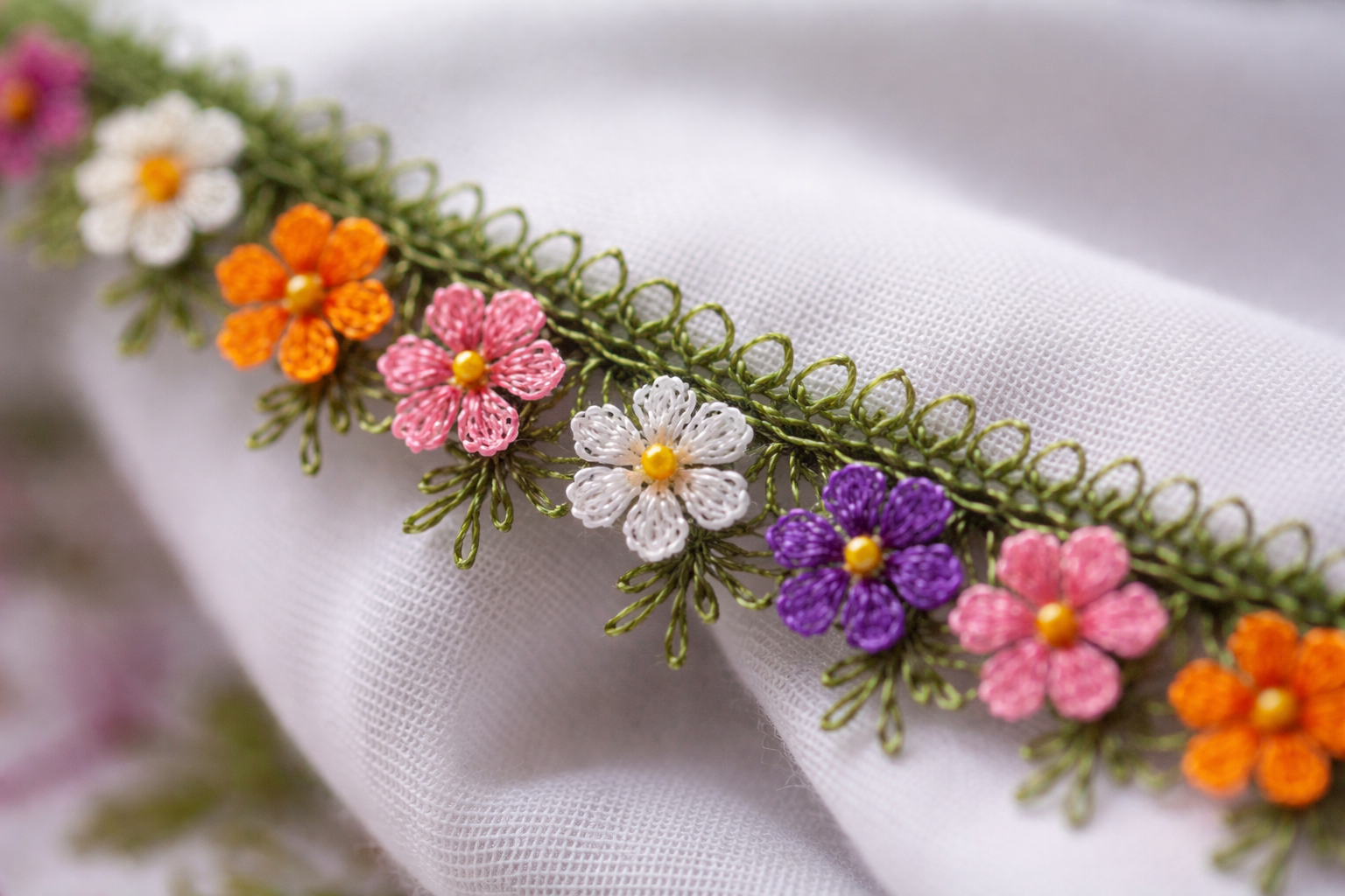 Renkli iğne oyası motifleri yakın çekim