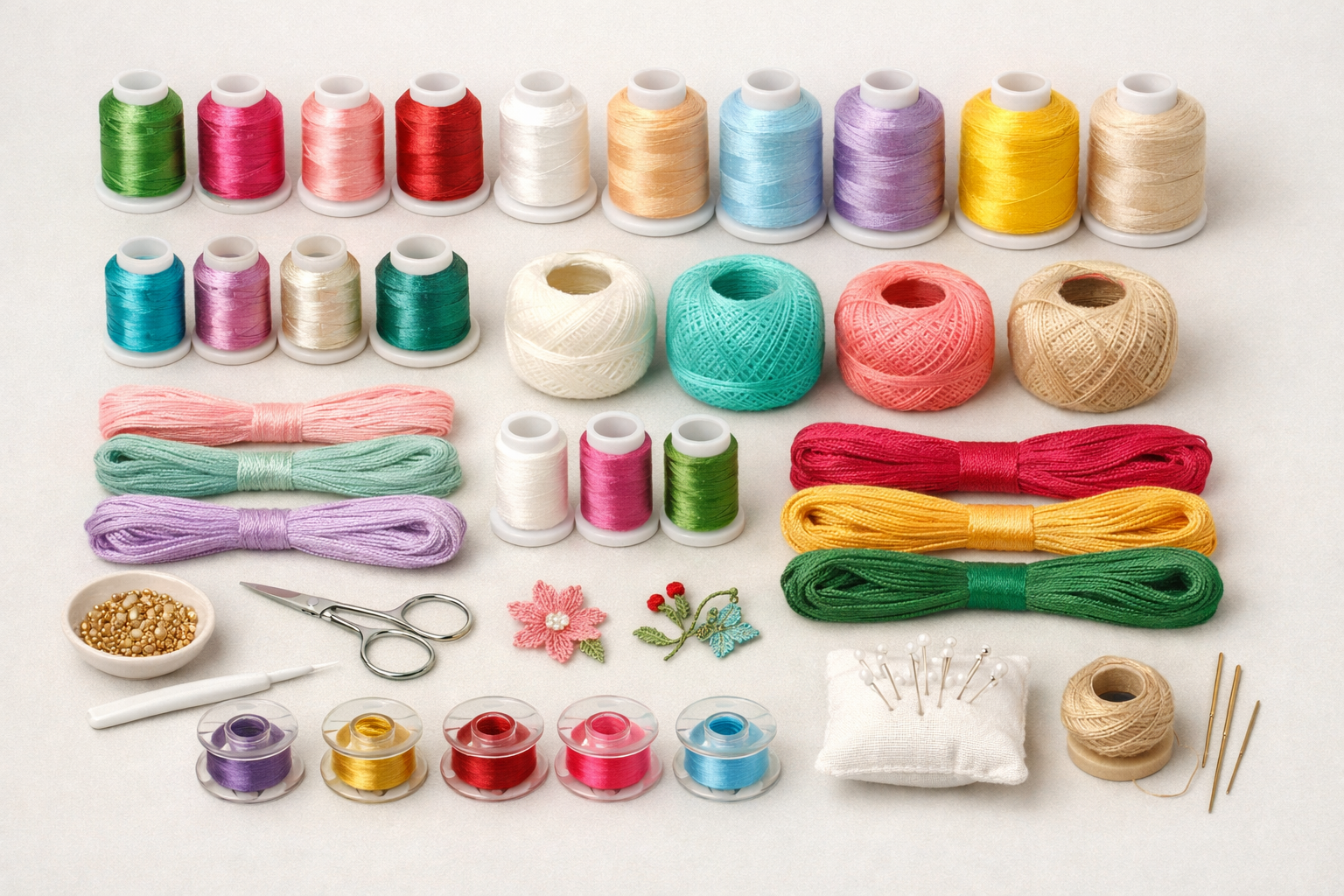 Farklı renk ve kalınlıkta oya iplikleri