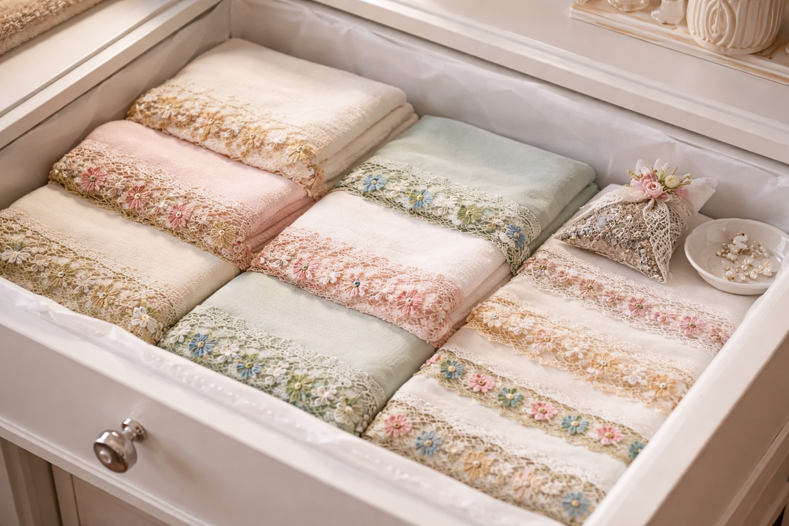 İğne oyalı eşyalar düzenli şekilde saklanıyor