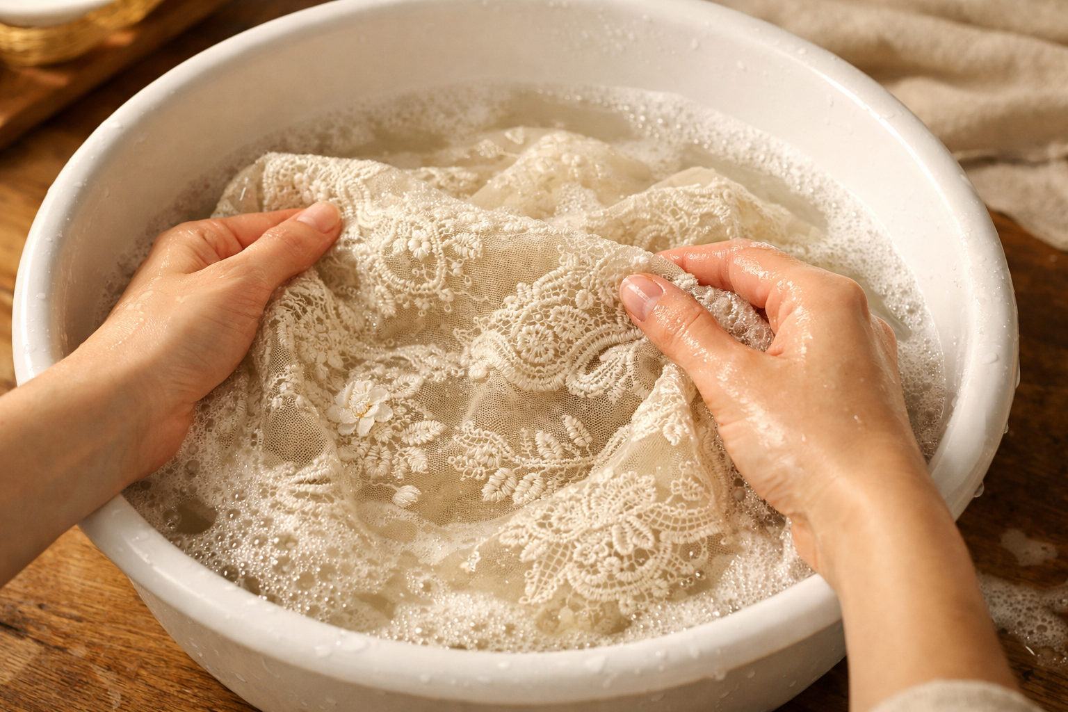 İğne oyalı kumaşın elde nazikçe yıkanması